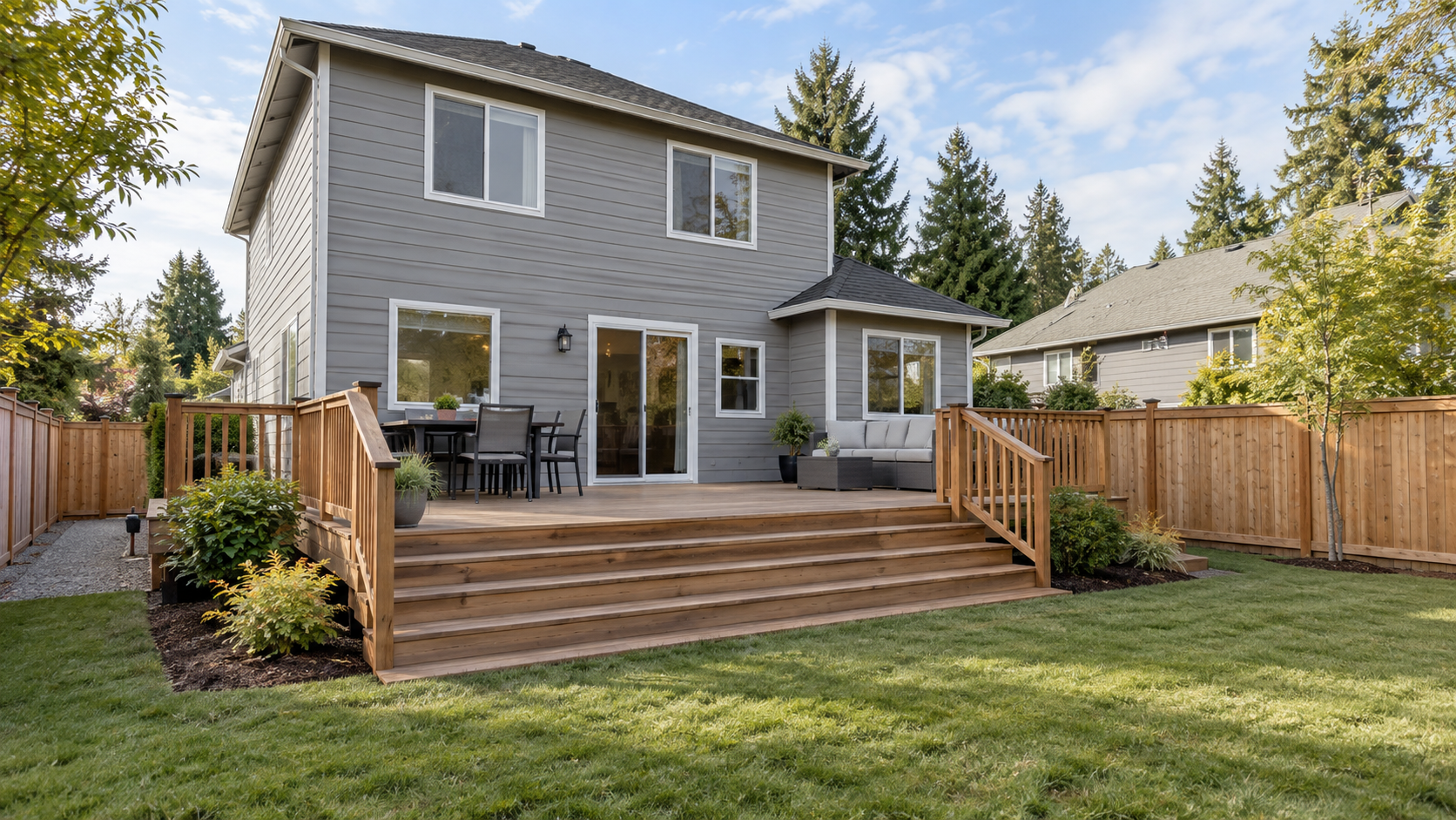 AI visualization of a gray home with a wooden deck and fenced backyard